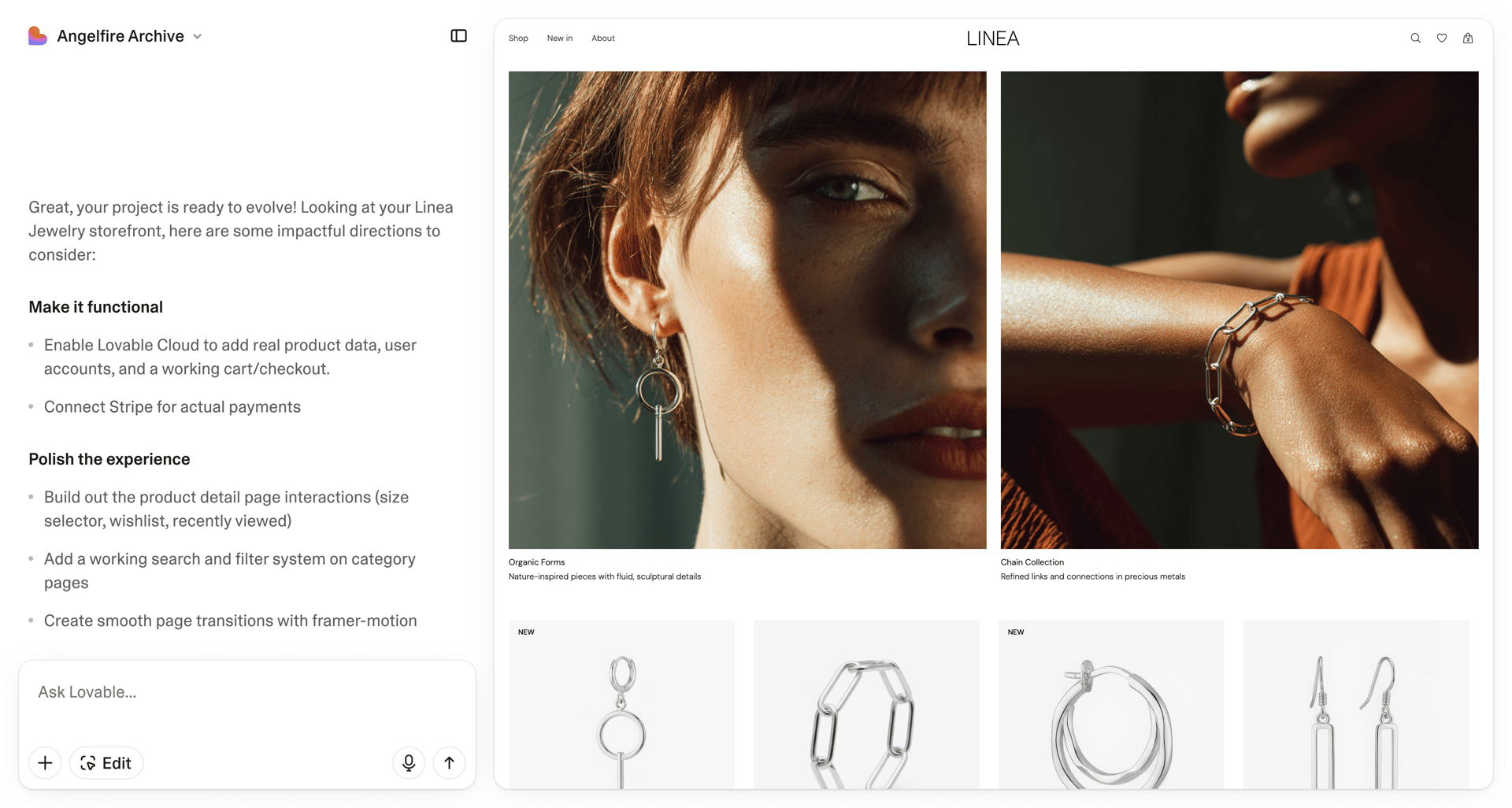 Linea jewellery storefront in the Lovable editor