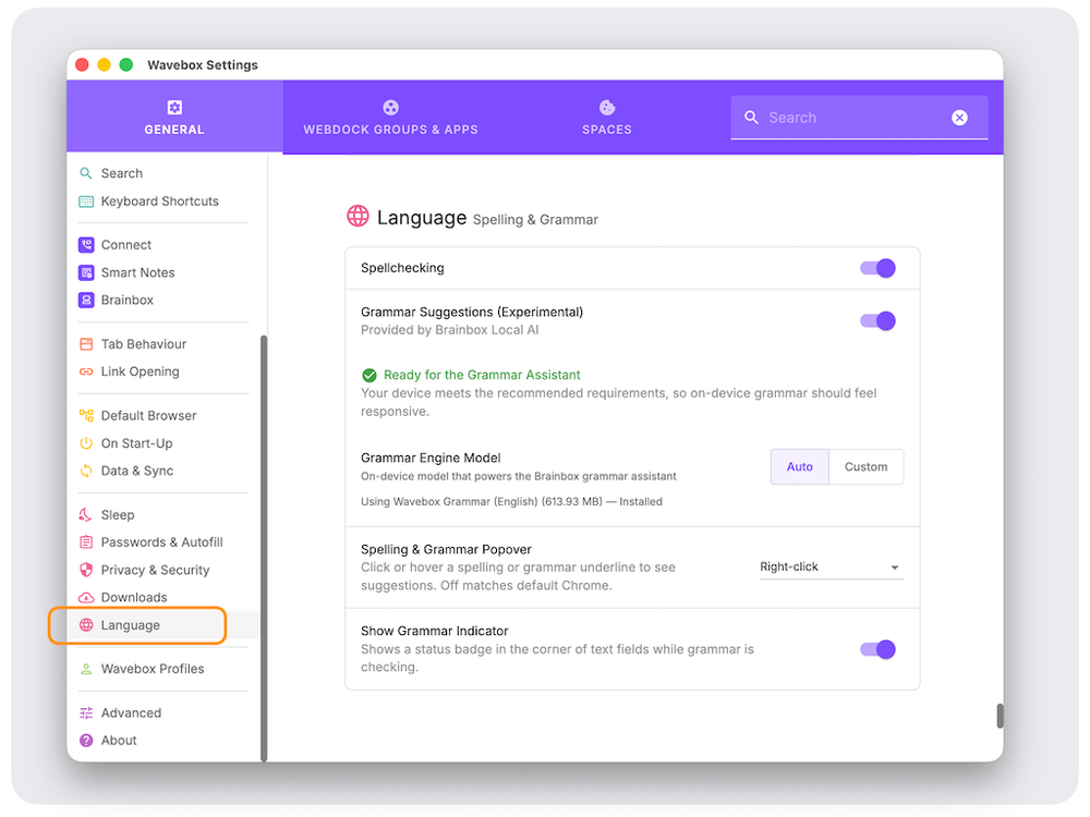 Built-in grammar and proofreading, running locally