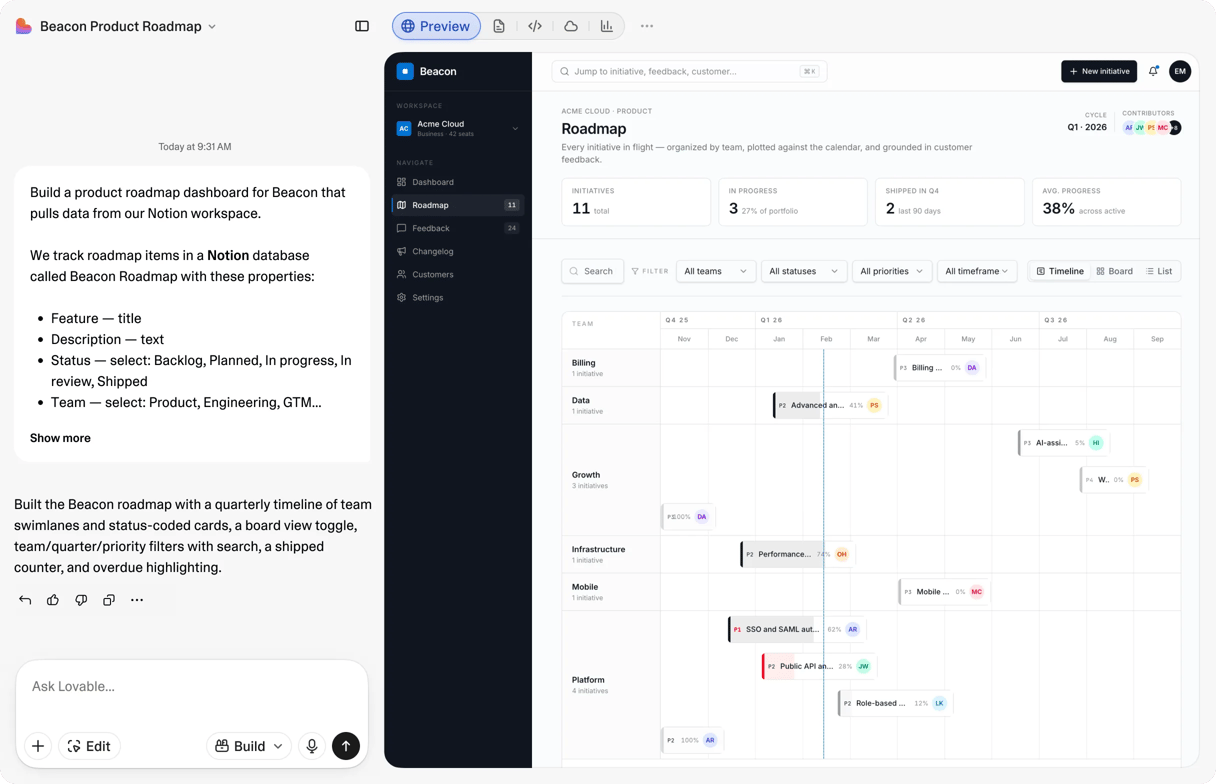 Beacon product roadmap built with Lovable