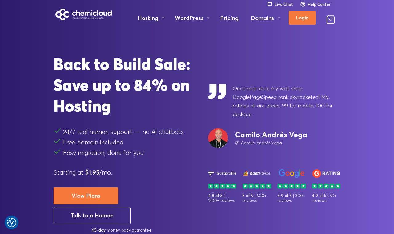 ChemiCloud hosting homepage showing plans and support ratings