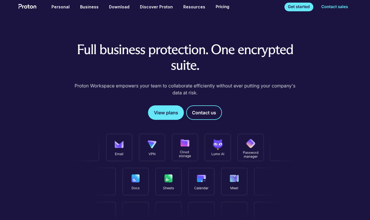 Proton for Business homepage showing the encrypted Proton suite