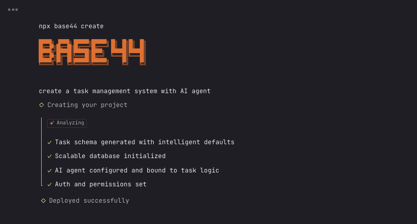 Supplied Base44 developer-workflow screenshot showing a task-management app being created, with database, AI agent and permissions setup.