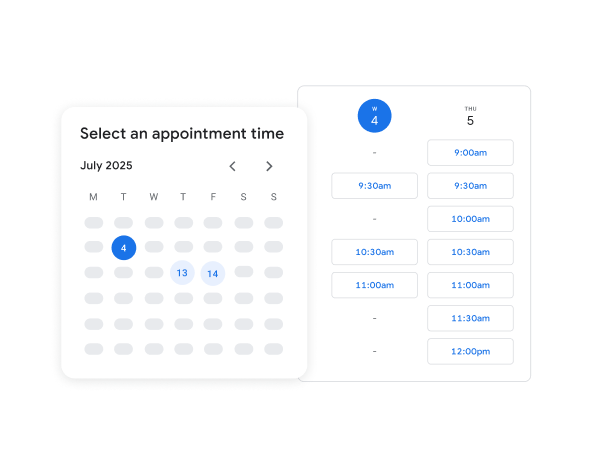 Appointment booking pages let customers pick a slot straight from your Google Calendar.