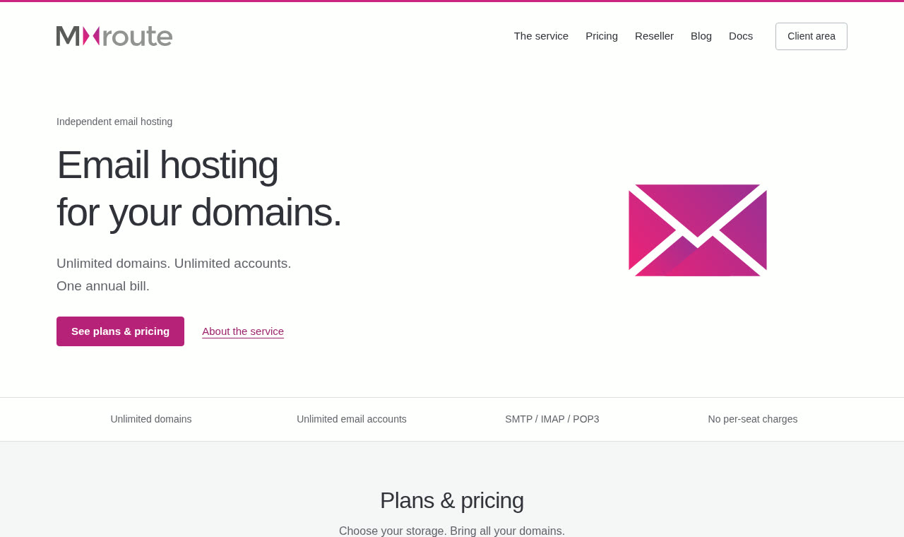 MXroute homepage showing unlimited domains and accounts on one annual bill