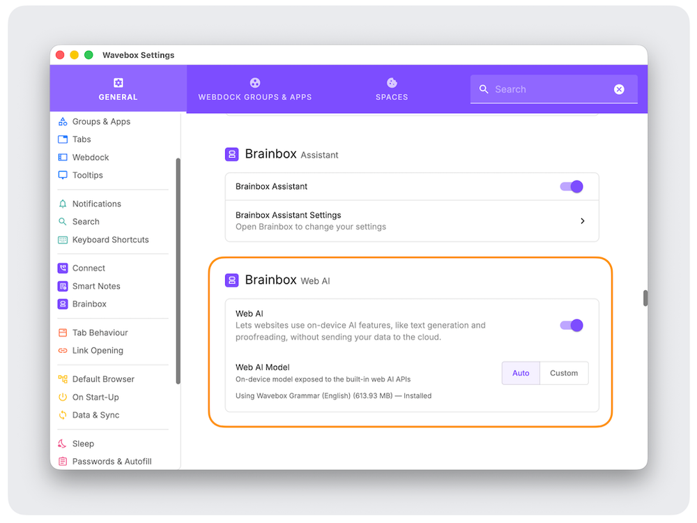 Brainbox settings, including on-device Web AI