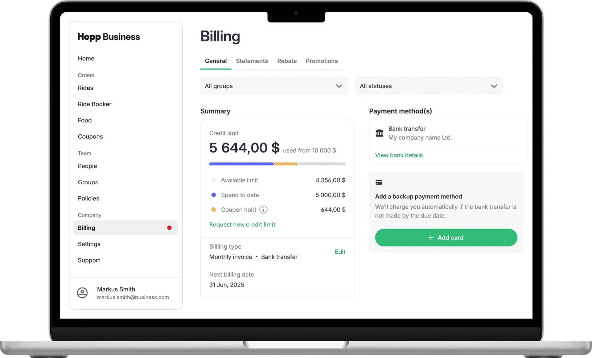 Billing with credit limit, spend to date and monthly invoicing