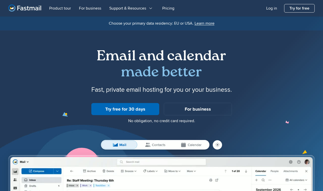Fastmail homepage showing its mail and calendar interface