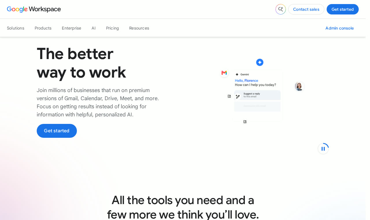 Google Workspace business homepage showing Gmail, Calendar, Drive and Meet