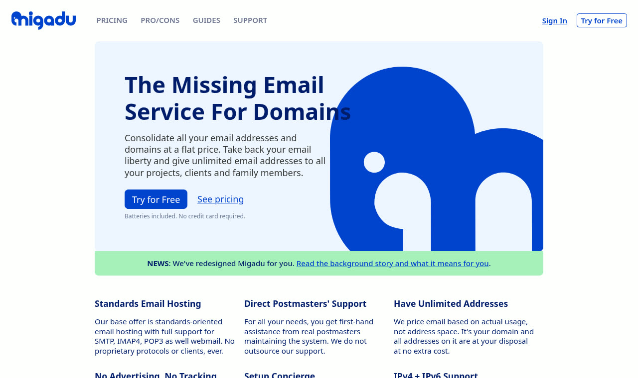 Migadu homepage explaining flat-price email hosting for domains
