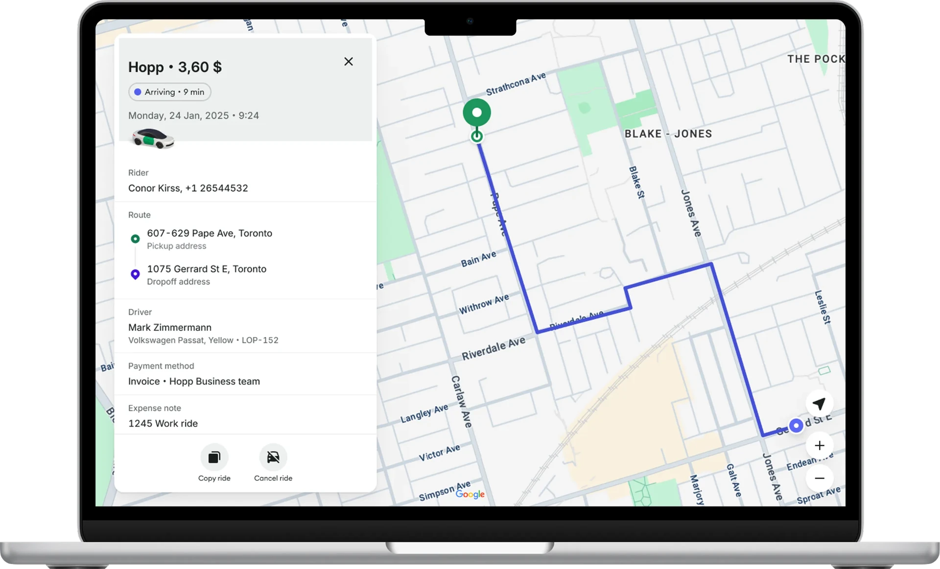 Track a live business ride with route, driver and expense note