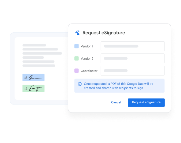 Request and manage eSignatures on contracts directly inside Google Docs and PDFs.