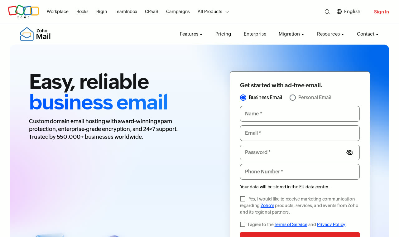 Zoho Mail homepage showing business email sign-up