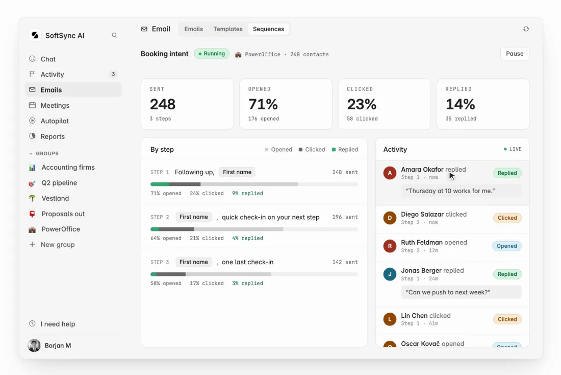 SoftSync email sequences and reply activity