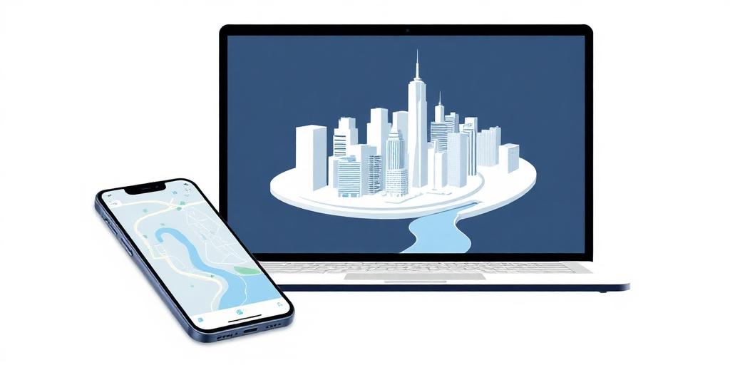 Illustration of a 3D city map on a laptop beside a smartphone map