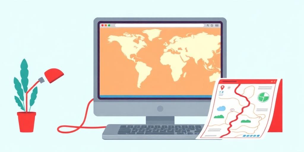 Illustration of a classic web map on a desktop computer with a printed road trip route