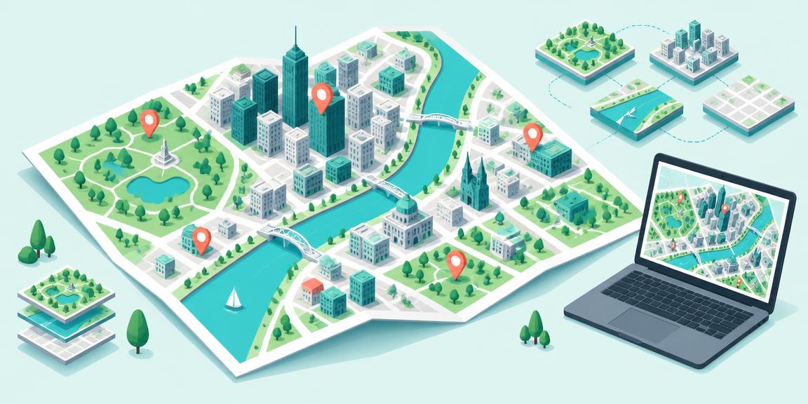 Illustration of an open-source city map with 3D buildings, parks and a river beside a laptop