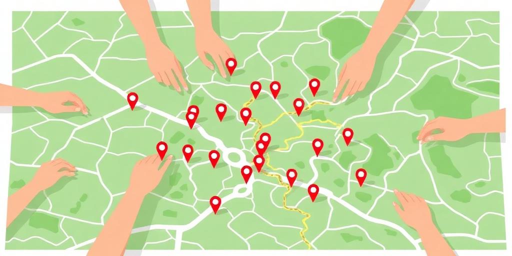 Illustration of volunteers placing pins on a community-built open street map