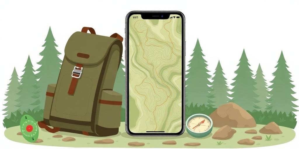 Illustration of a phone showing an offline topographic trail map beside a backpack and compass