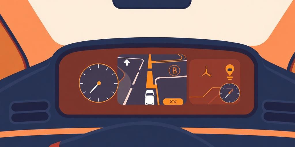 Illustration of a car dashboard GPS showing turn-by-turn navigation and traffic alerts