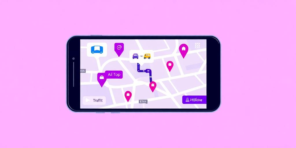 Illustration of a crowdsourced traffic app with hazard alerts on a smartphone map