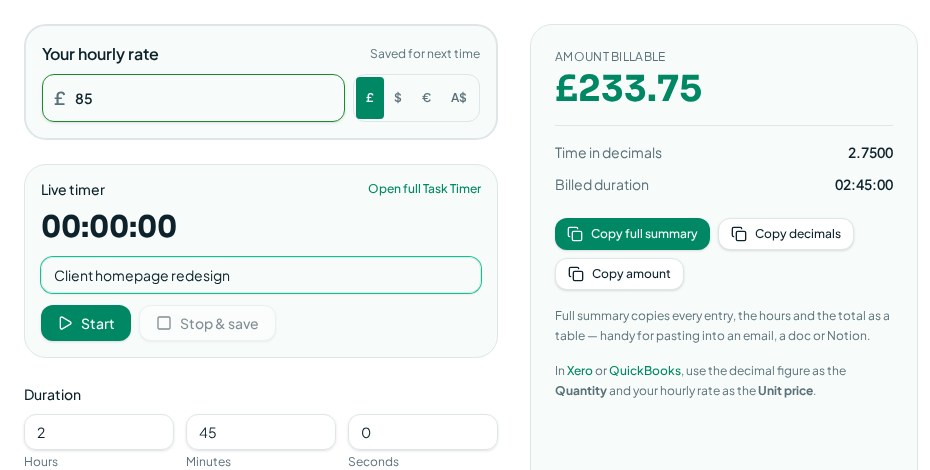 Time Cost Calculator showing an hourly rate, live timer and billable amount